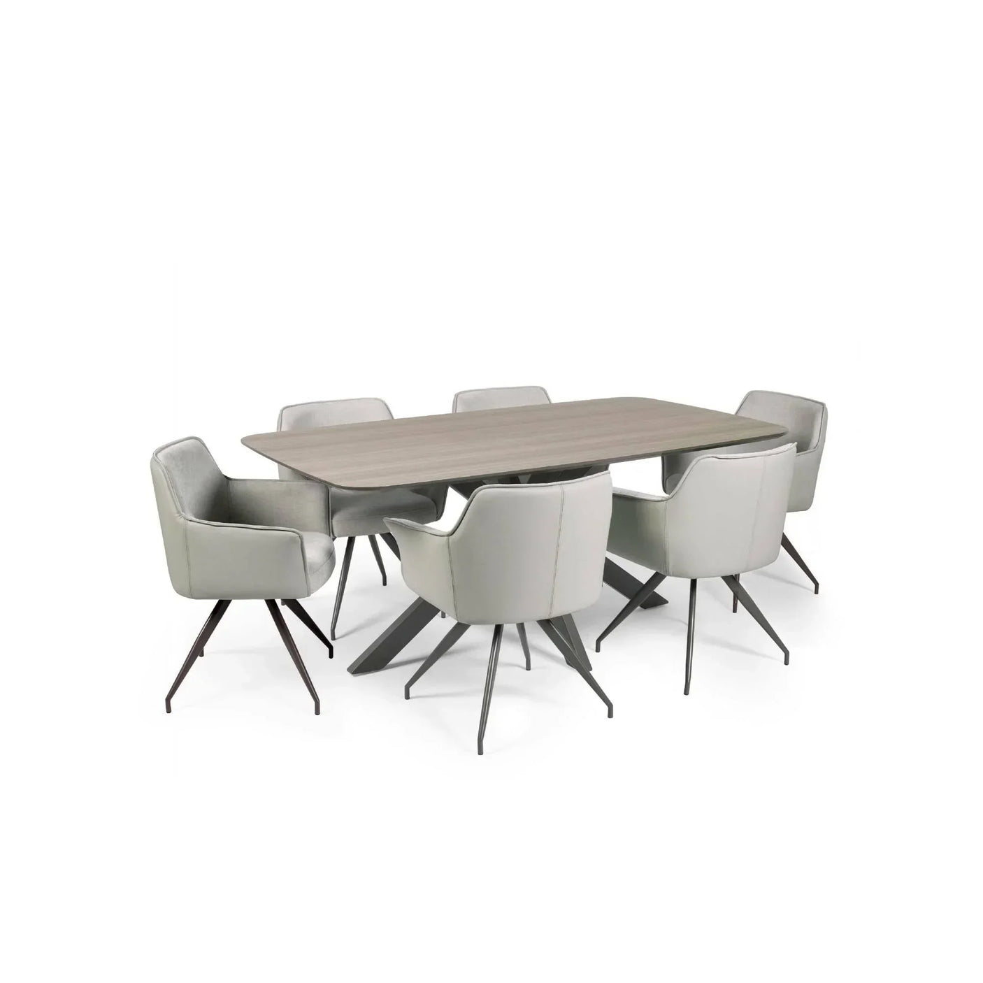 Modern dining table set with six grey upholstered chairs and rectangular wooden table