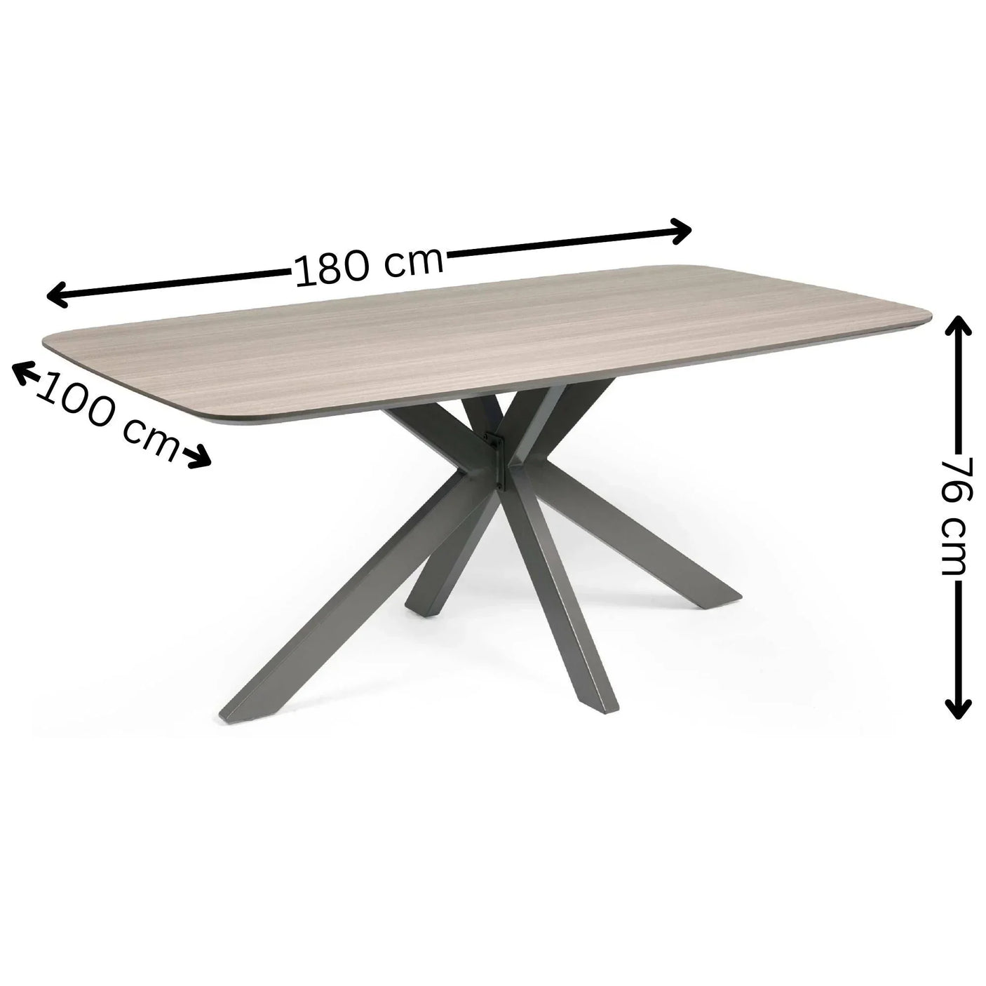 Rectangular dining table with light wood top, black angled metal legs, dimensions labeled