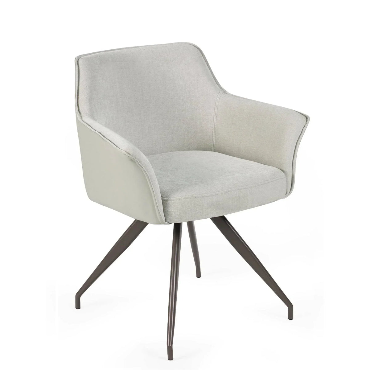 Light grey fabric armchair with tapered metal legs, modern dining chair design