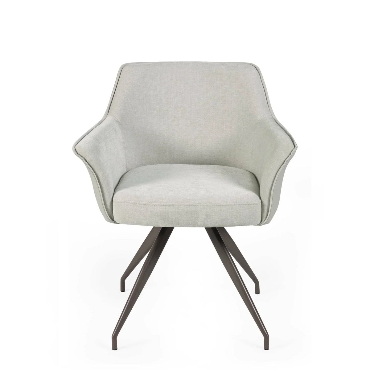 Light grey fabric dining chair with angled metal legs, front view
