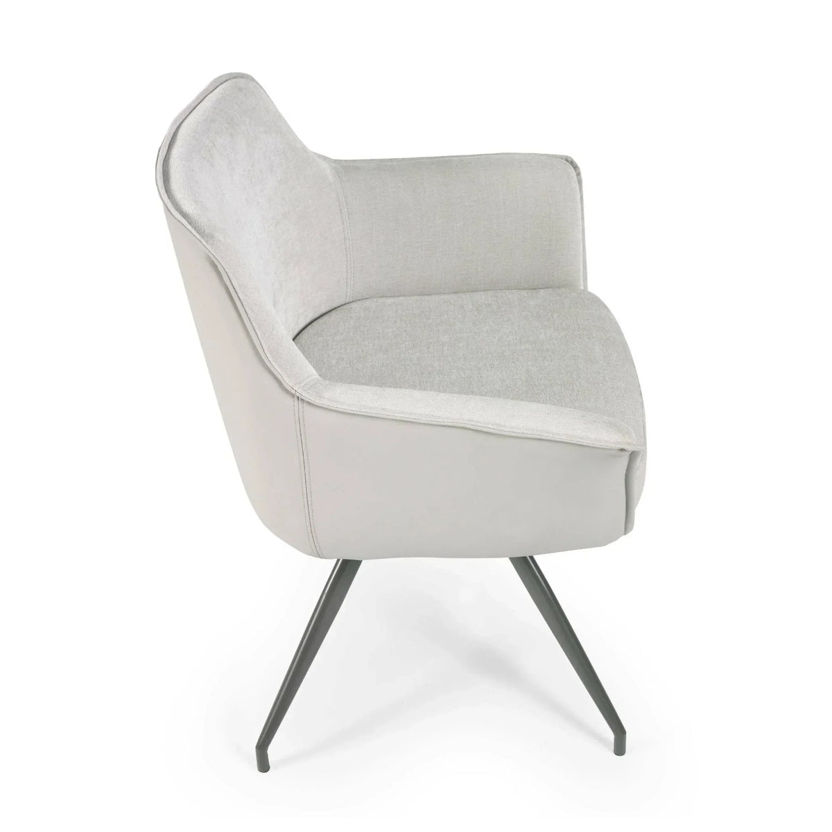 Light grey upholstered accent chair with black angled metal legs, side view