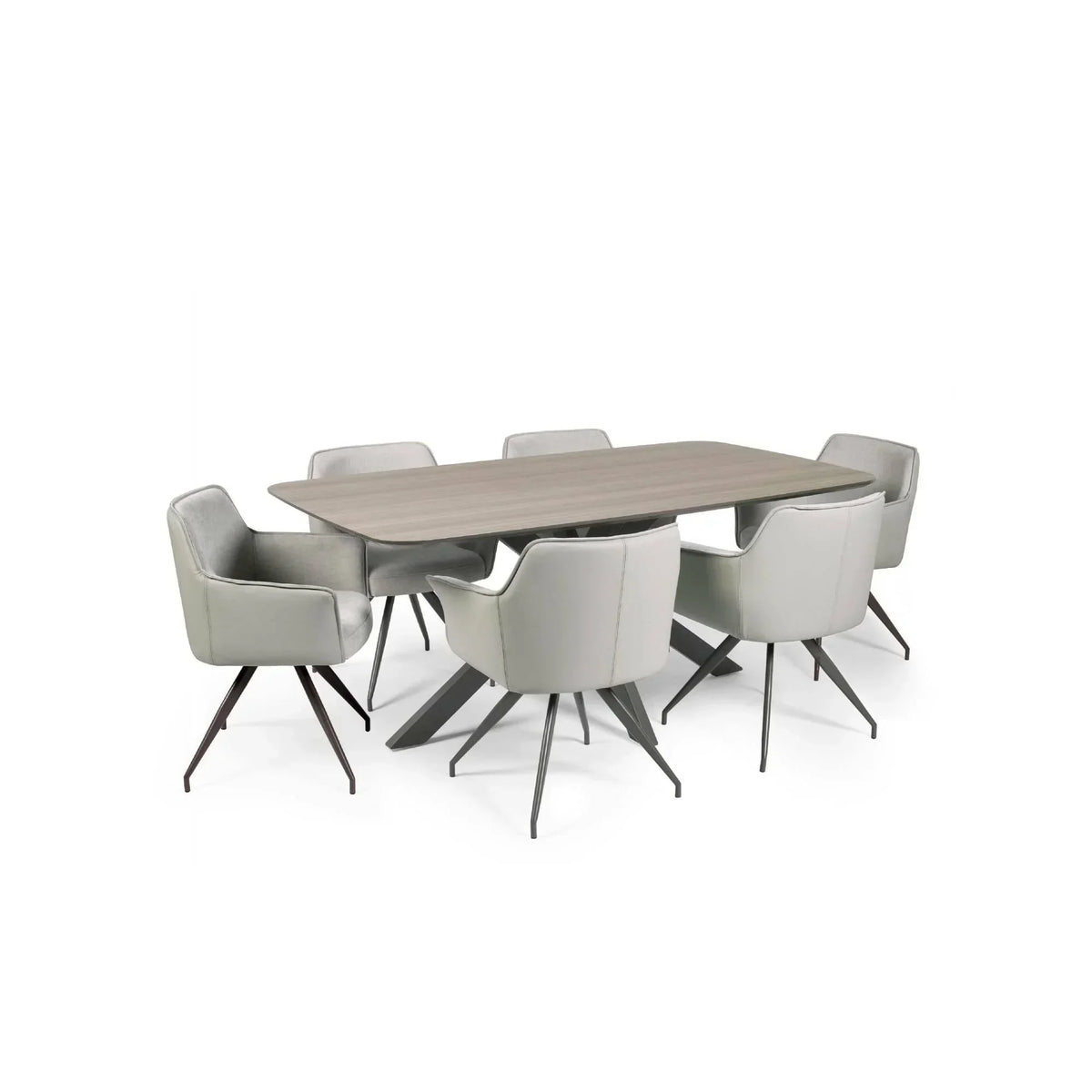 Rectangular dining table with six grey upholstered armchairs on angled metal legs