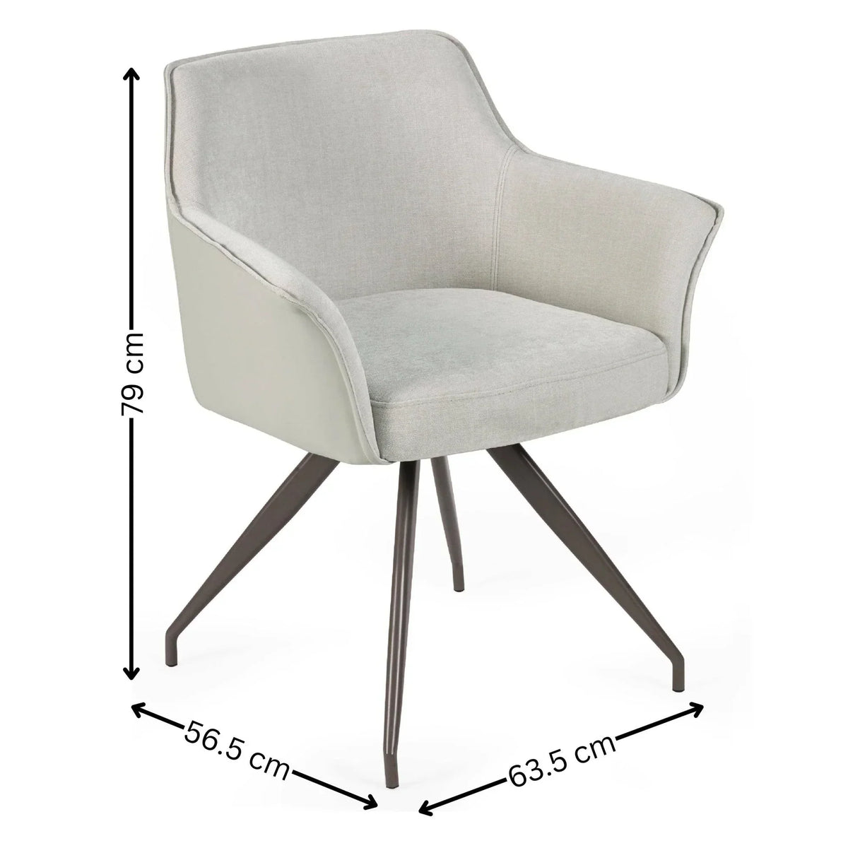 Grey upholstered dining chair with metal legs, featuring measurements in centimeters