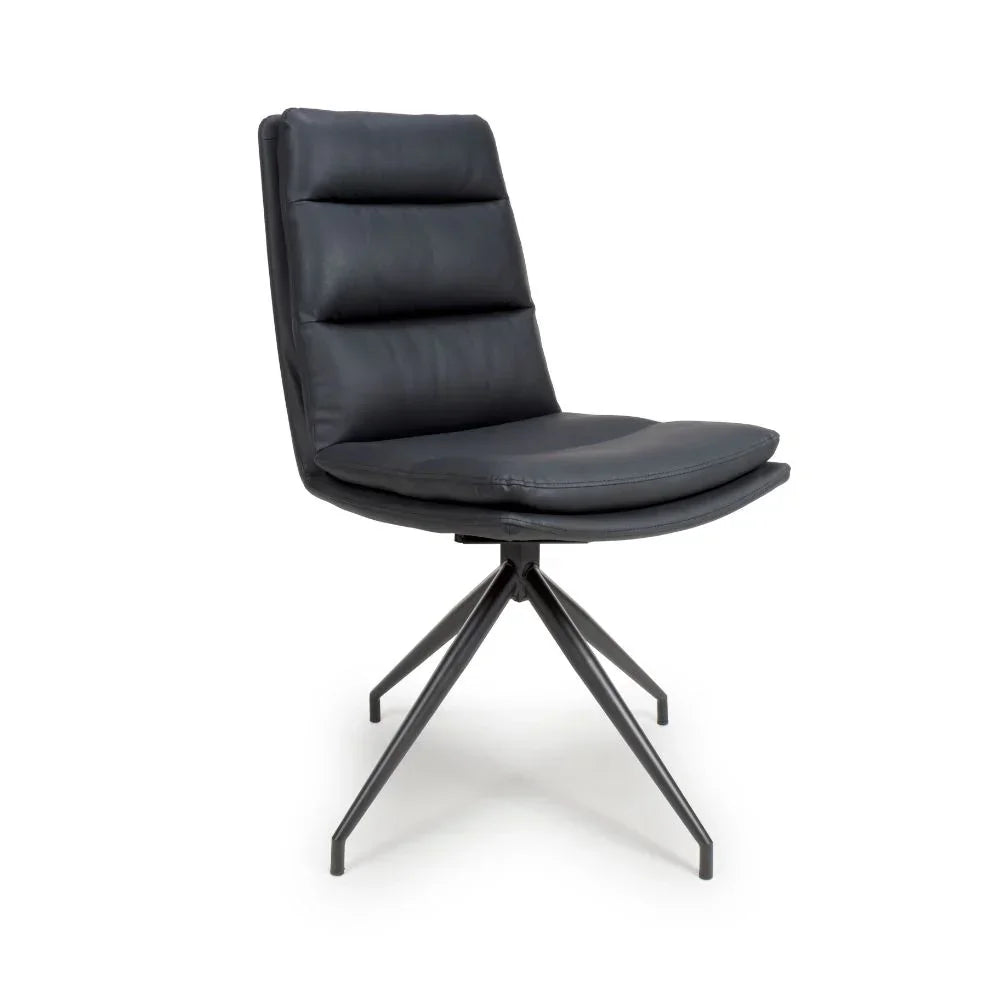Black leather dining chair with padded seat and metal legs, angled side view