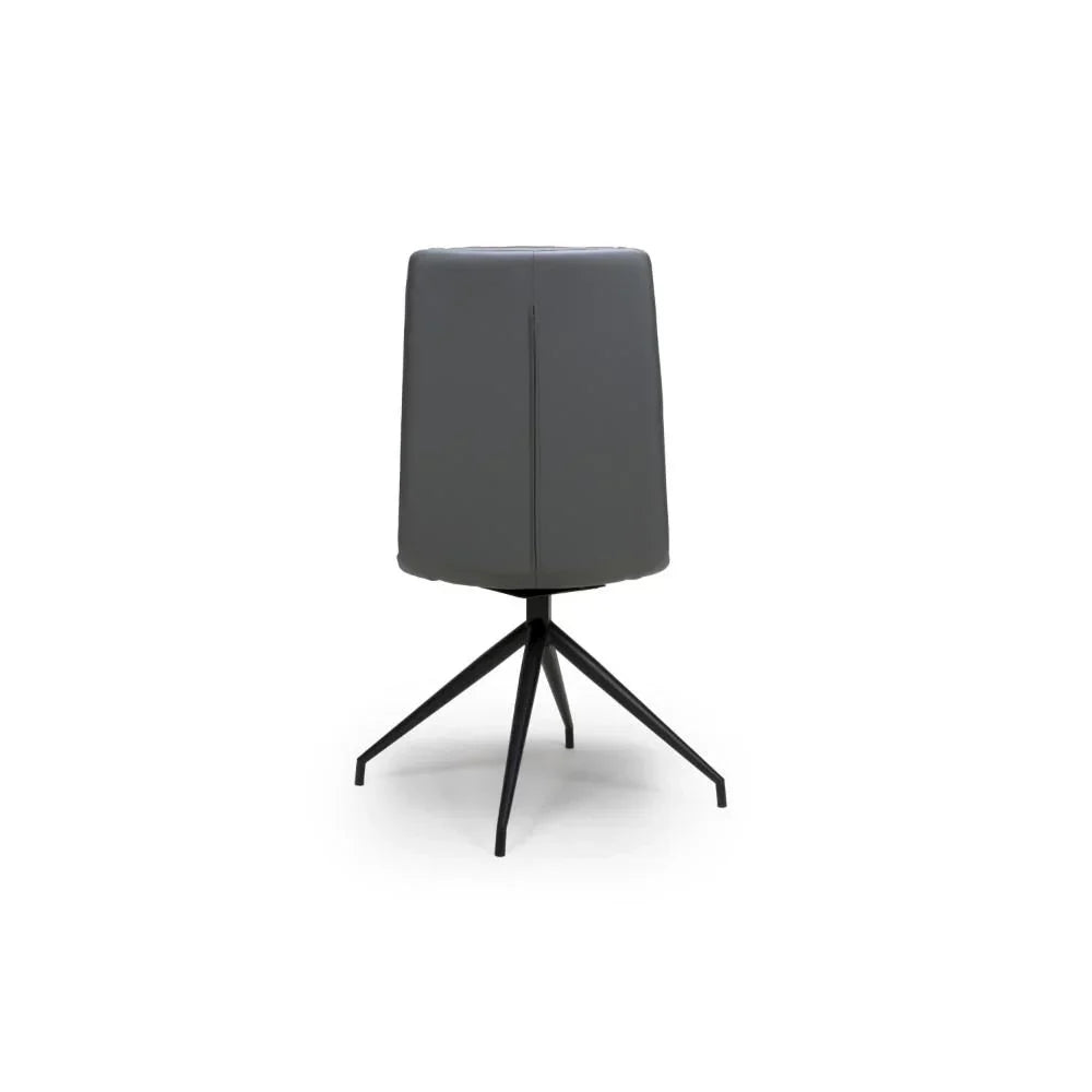 Grey upholstered dining chair with black metal legs, rear view