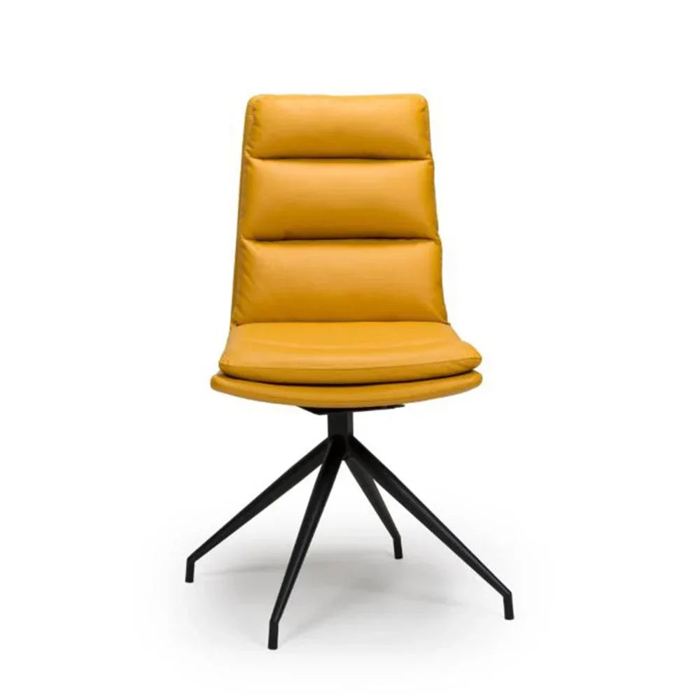 Mustard yellow dining chair with cushioned seat and black metal legs, front view