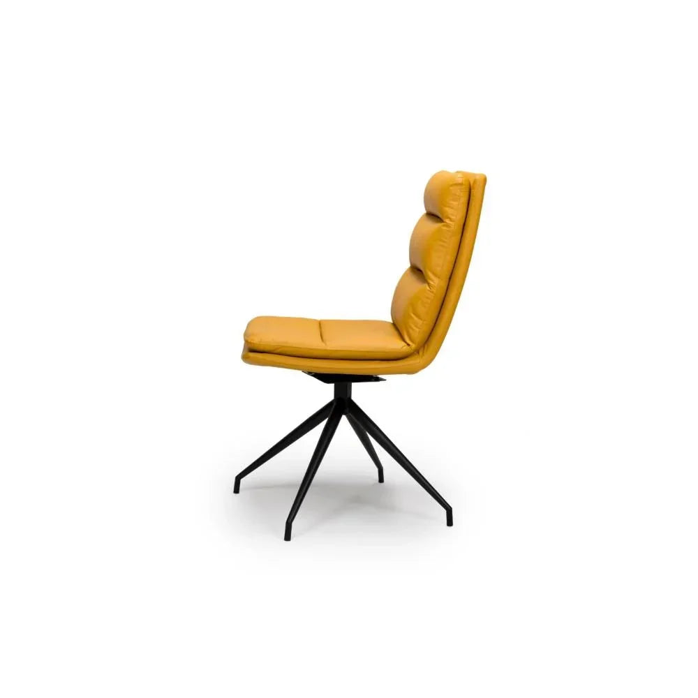 Mustard yellow swivel dining chair with black metal legs, side view