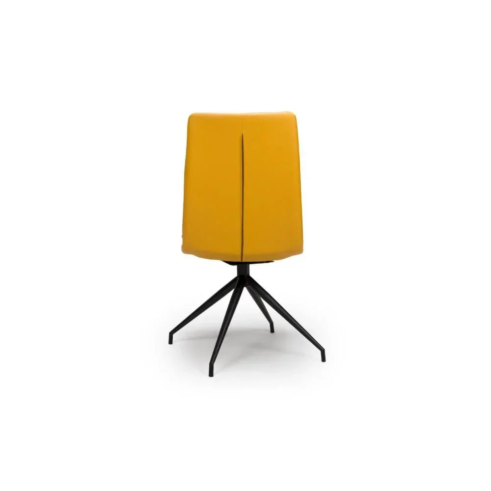 Yellow dining chair with black metal legs, rear view on white background