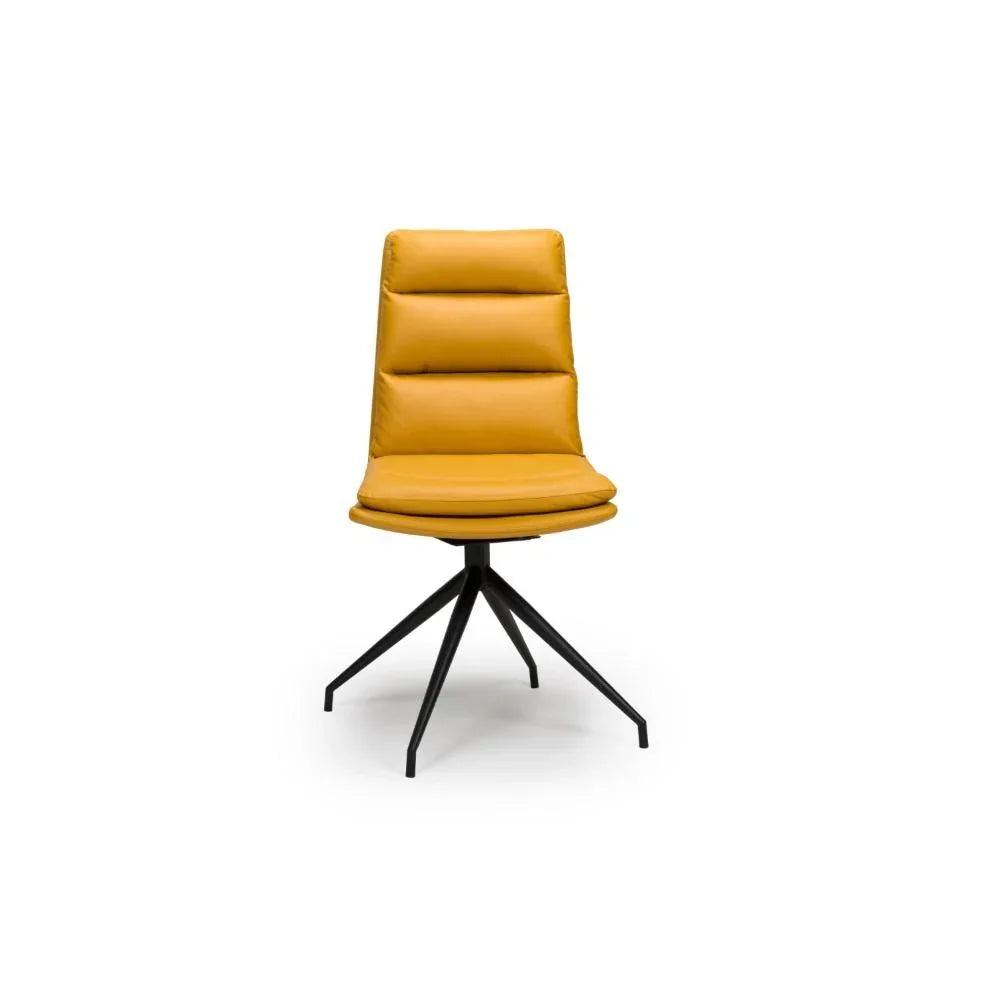 Mustard yellow dining chair with padded seat and black metal swivel legs