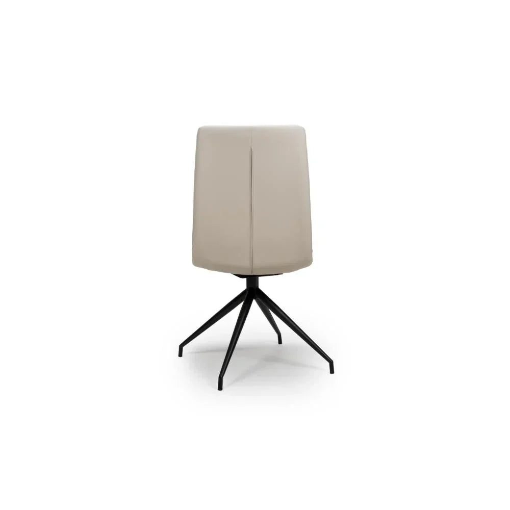 Beige dining chair rear view with black metal legs on white background