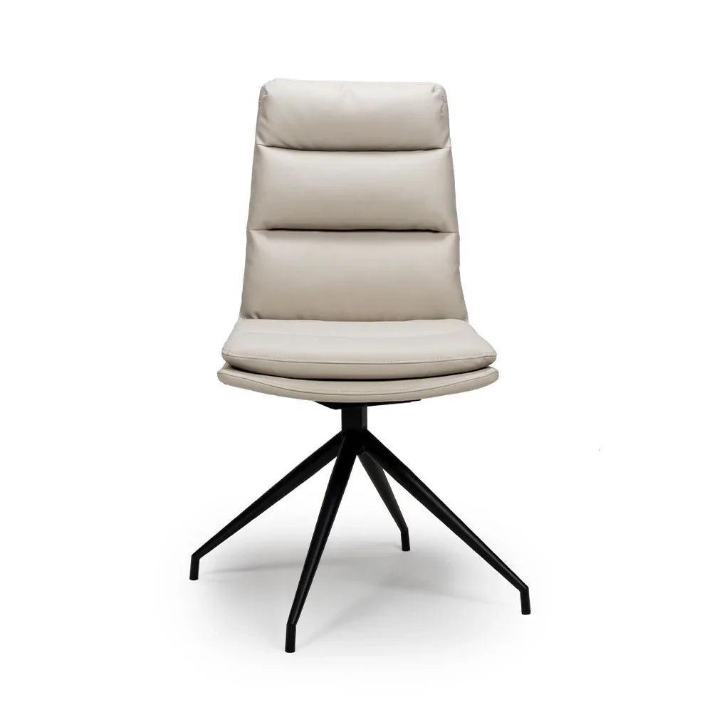 Beige swivel dining chair with padded seat and black metal legs, front view