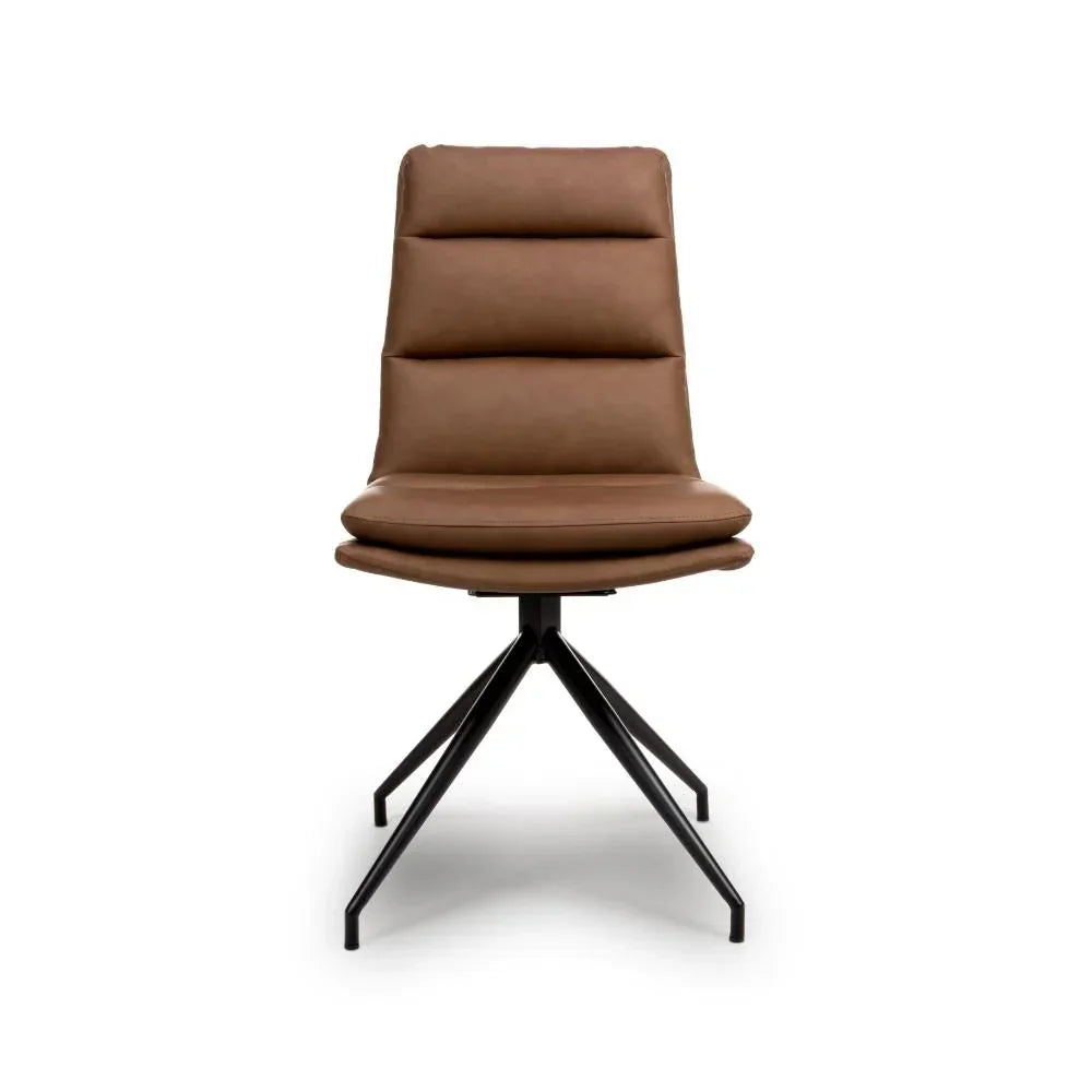 Brown leather dining chair with black metal legs and padded seat, front view