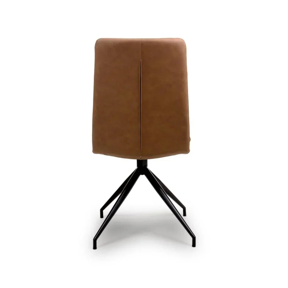 Brown faux leather dining chair with black metal legs, rear view