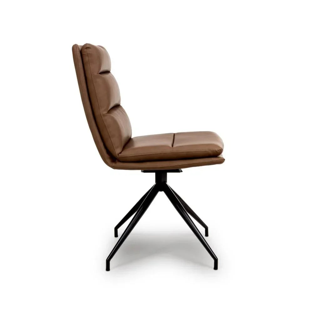 Brown leather dining chair with padded seat and metal swivel legs, side profile view