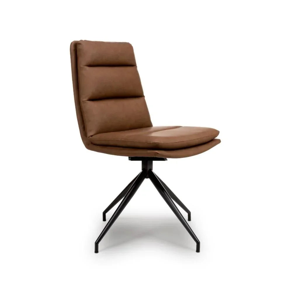 Brown leather dining chair with padded seat, black metal legs, side view