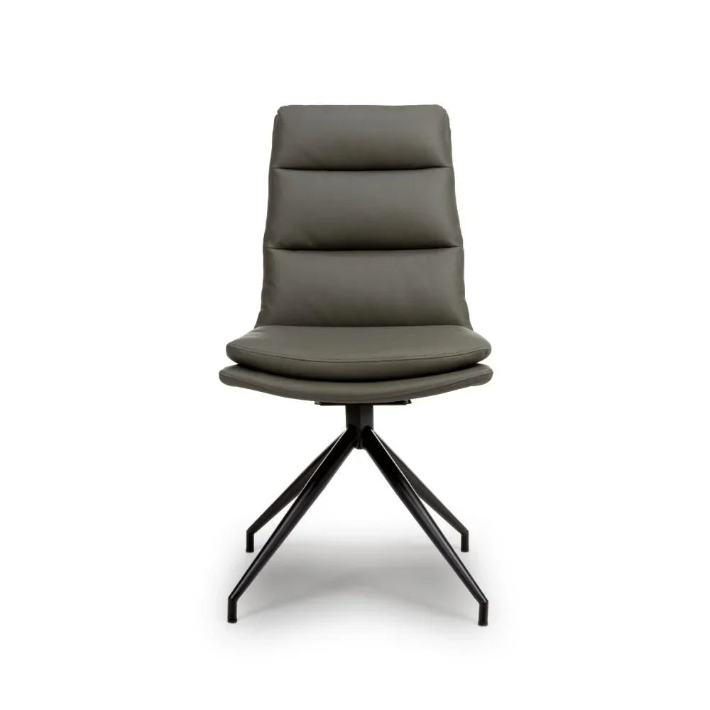 Grey dining chair with padded seat and backrest on black metal legs, front view