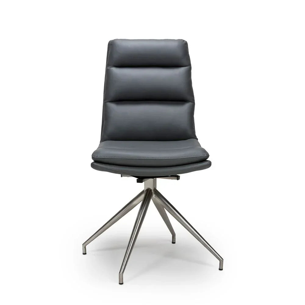 Grey dining chair with padded seat and backrest on metal swivel base, front view