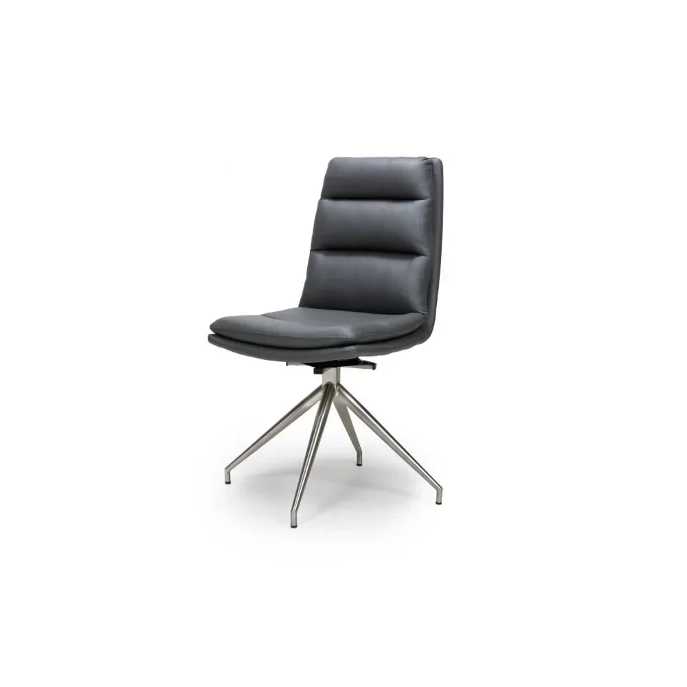 Grey leather dining chair with padded seat and stainless steel swivel base