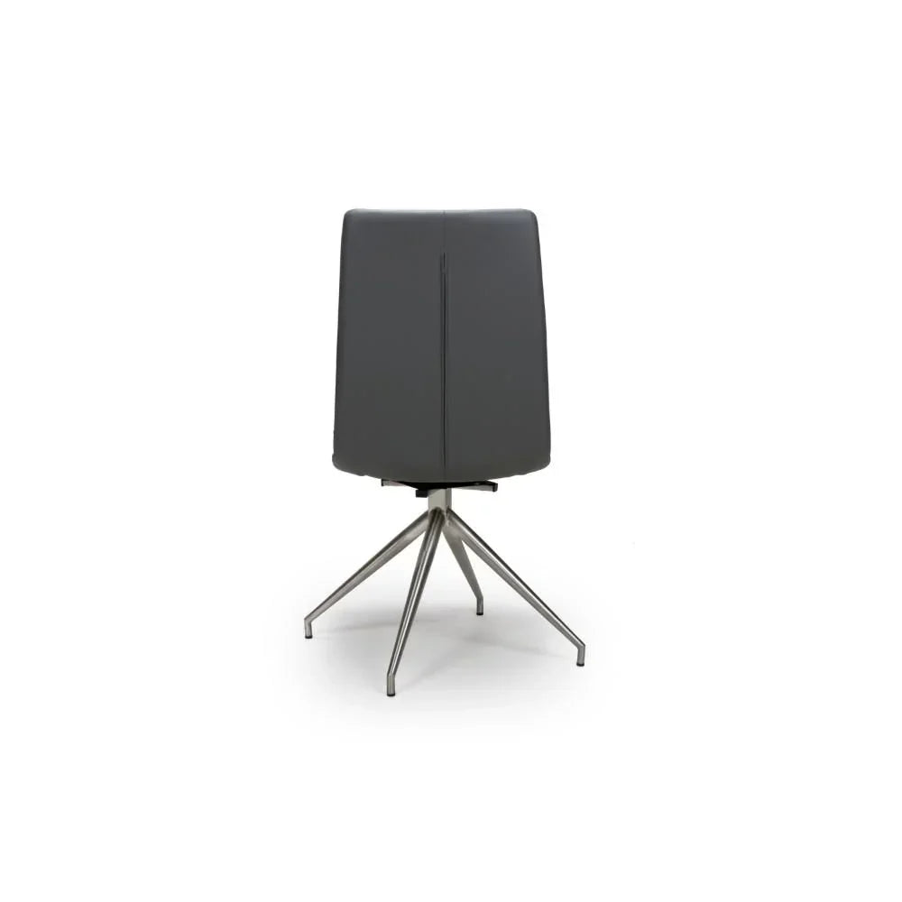 Back view of grey dining chair with metal swivel base and sleek upholstery