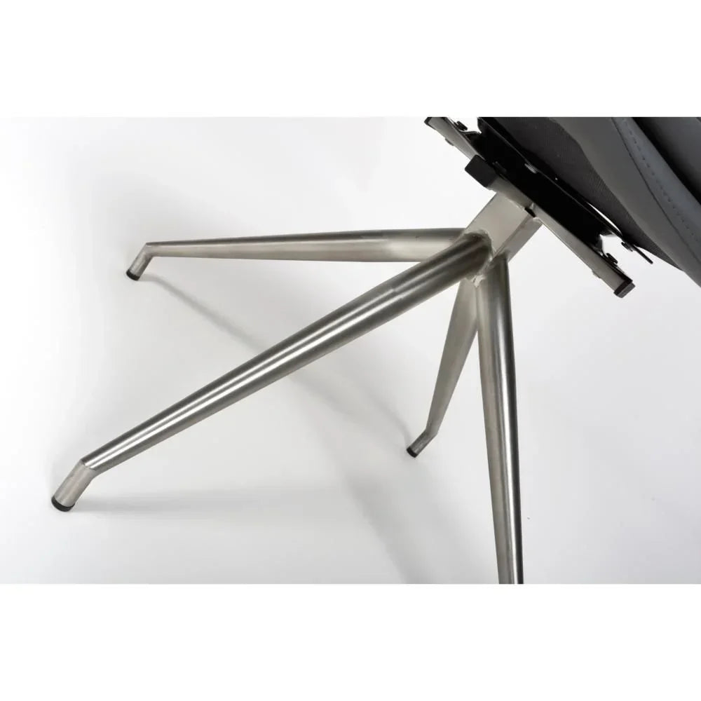 Closeup of stainless steel chair legs with grey seat on white background