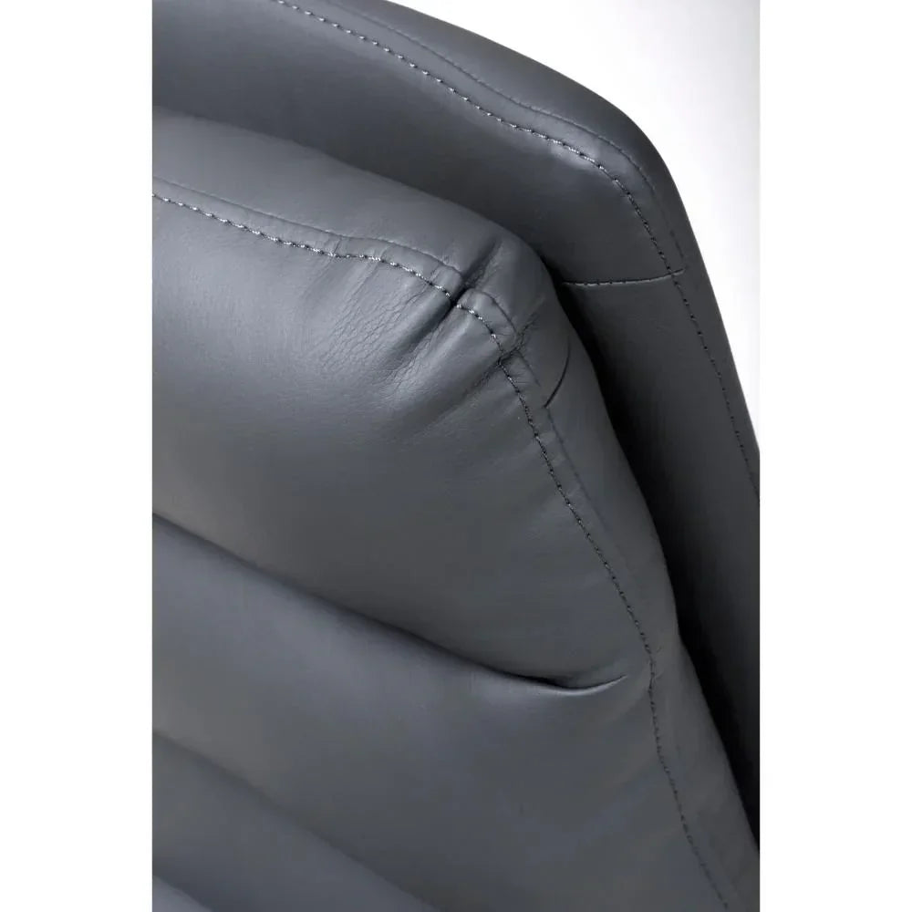 Close-up of grey leather sofa backrest with visible stitching details