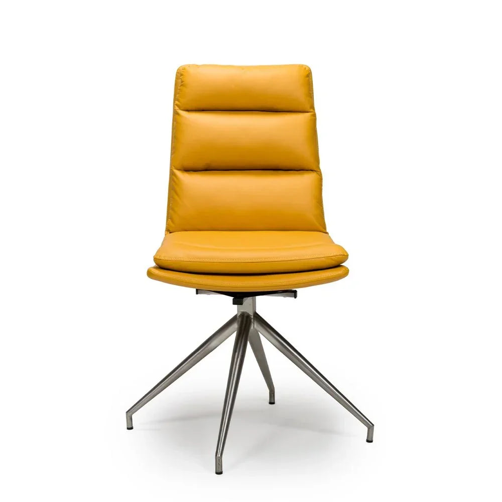 Yellow leather dining chair with chrome swivel base and padded seat, front view