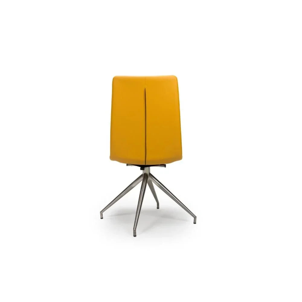 Yellow dining chair with metal swivel legs, rear view against white background