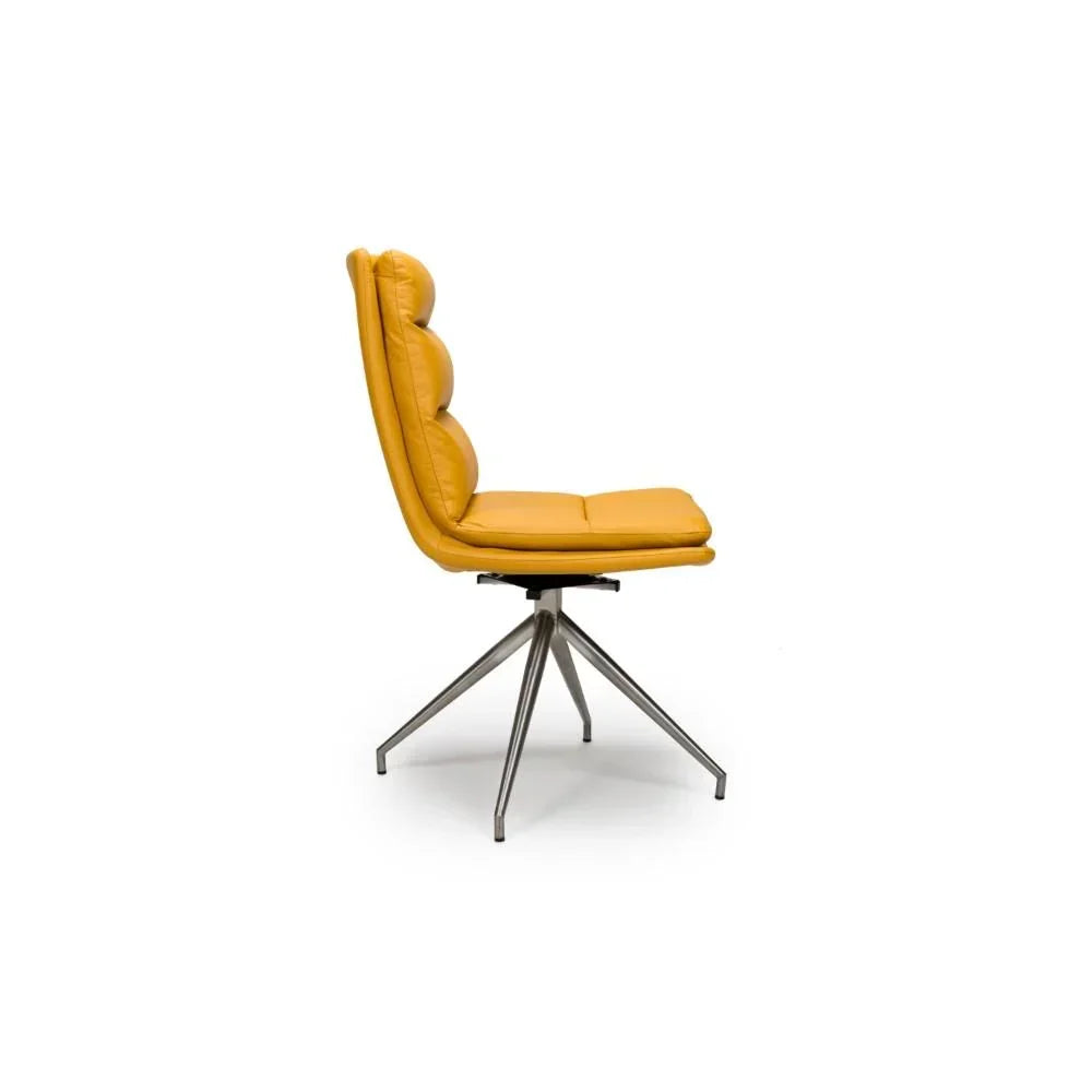 Yellow swivel dining chair with padded seat and metal legs, side profile view