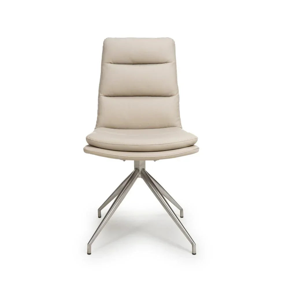 Beige leather dining chair with padded seat and chrome legs, front view