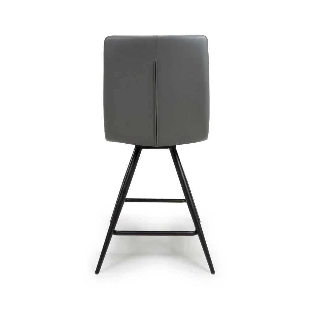 Back view of grey bar stool with metal legs and footrest