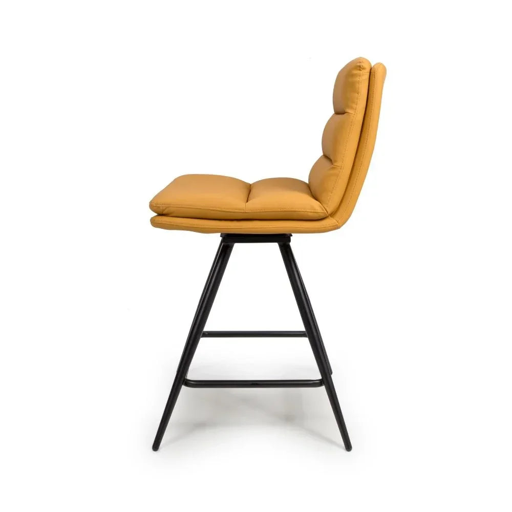 Mustard yellow cushioned bar stool with black metal legs, side profile view