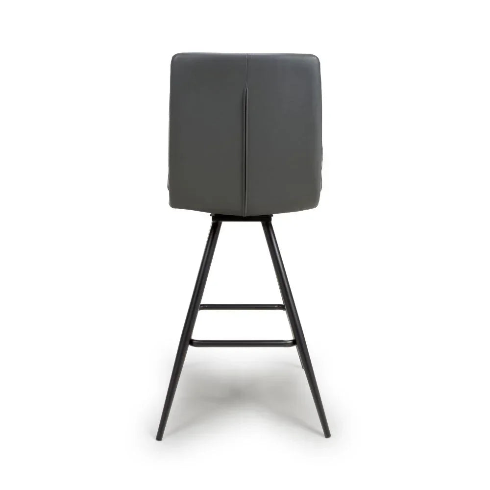 Back view of grey bar stool with metal legs and footrest on white background