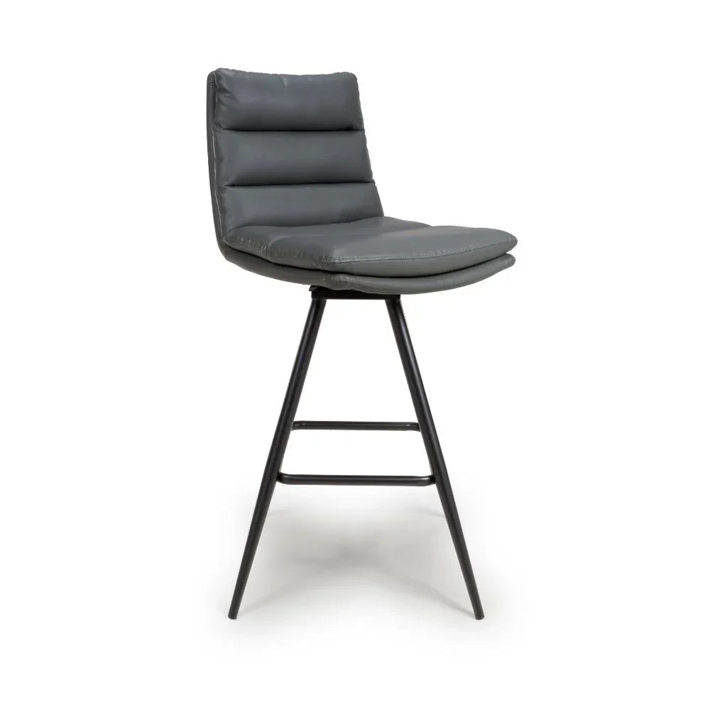 Grey faux leather bar stool with padded seat on black metal legs, front angle view