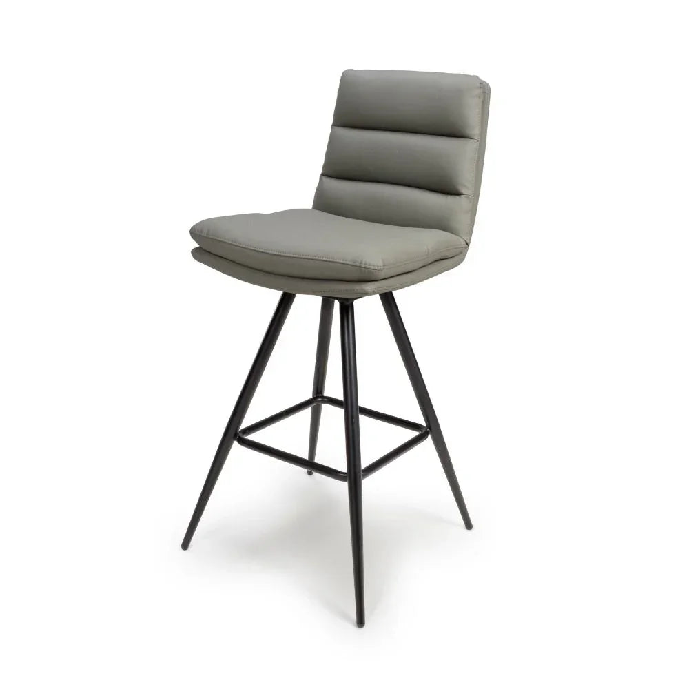 Grey leather bar stool with padded seat and black metal legs, front angle view