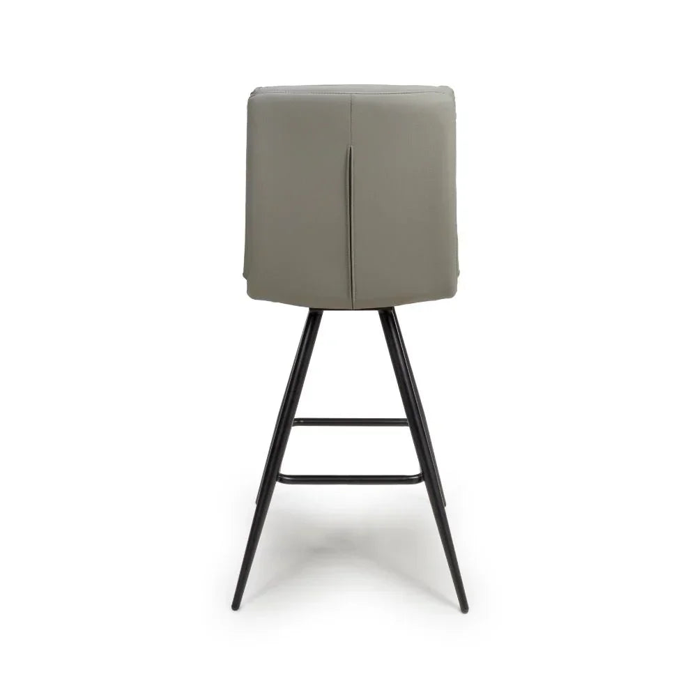 Back view of grey bar stool with high backrest and black metal legs