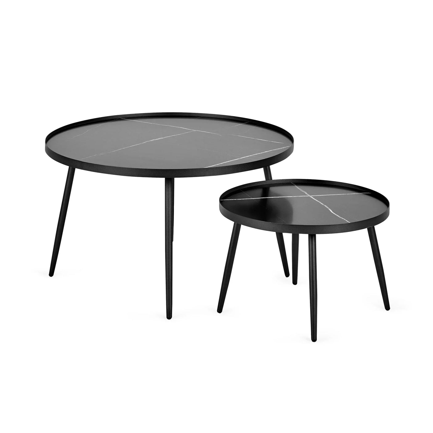 Black marble top nest of tables with metal legs, contemporary living room furniture