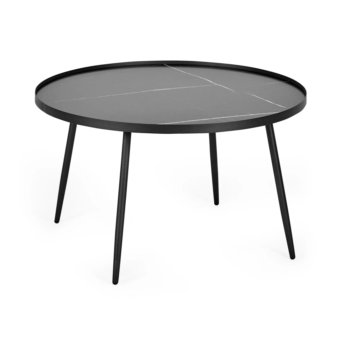 Round black coffee table with four tapered legs and marble-effect top