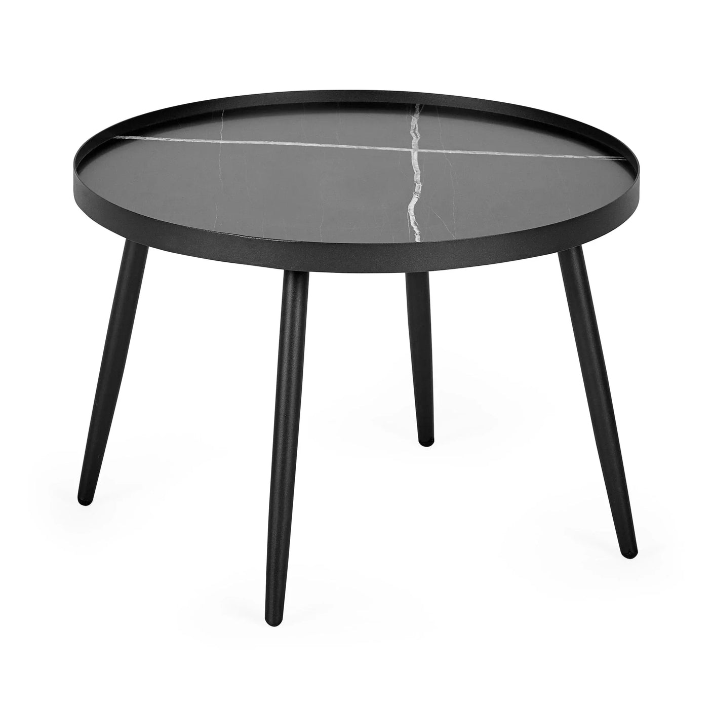 Round black coffee table with marble effect top and four angled legs