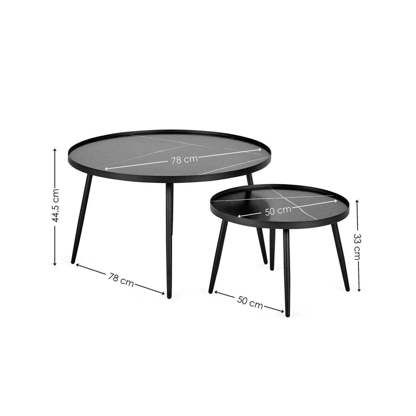 Round black nesting coffee tables set with size dimensions marked