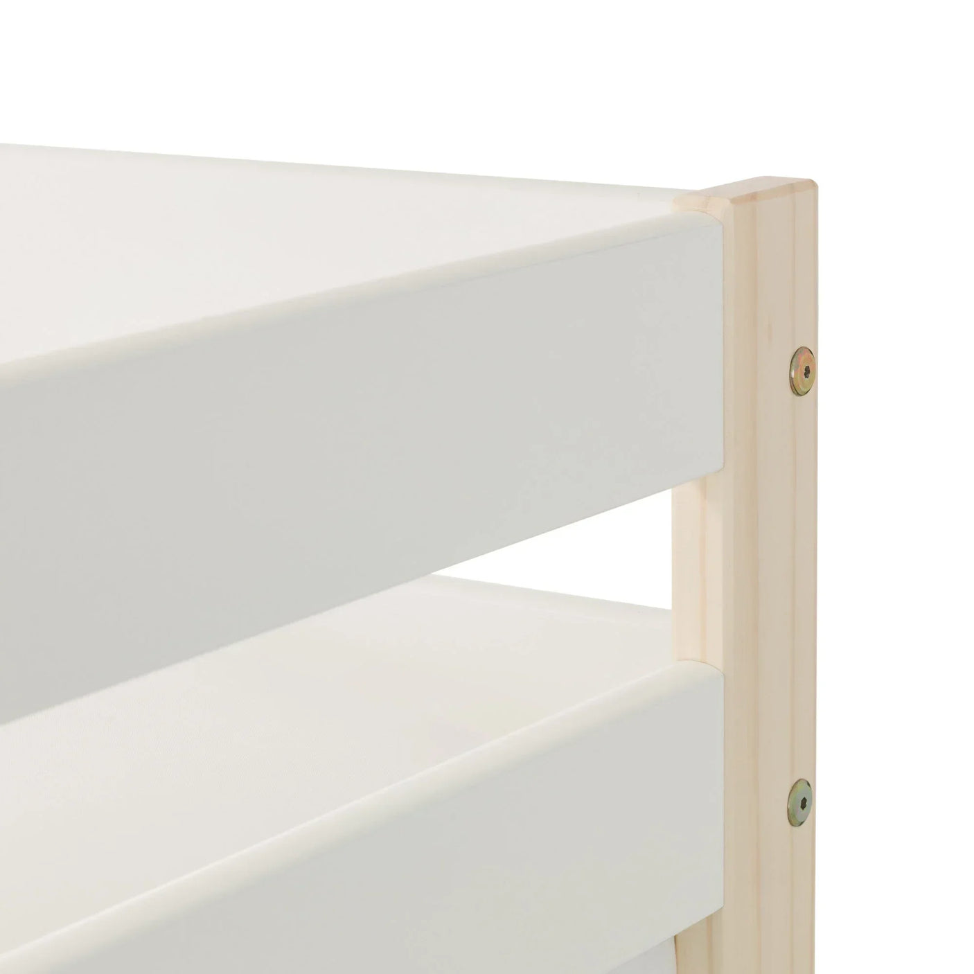 Close-up of wooden shelving unit with white shelves and natural pine frame