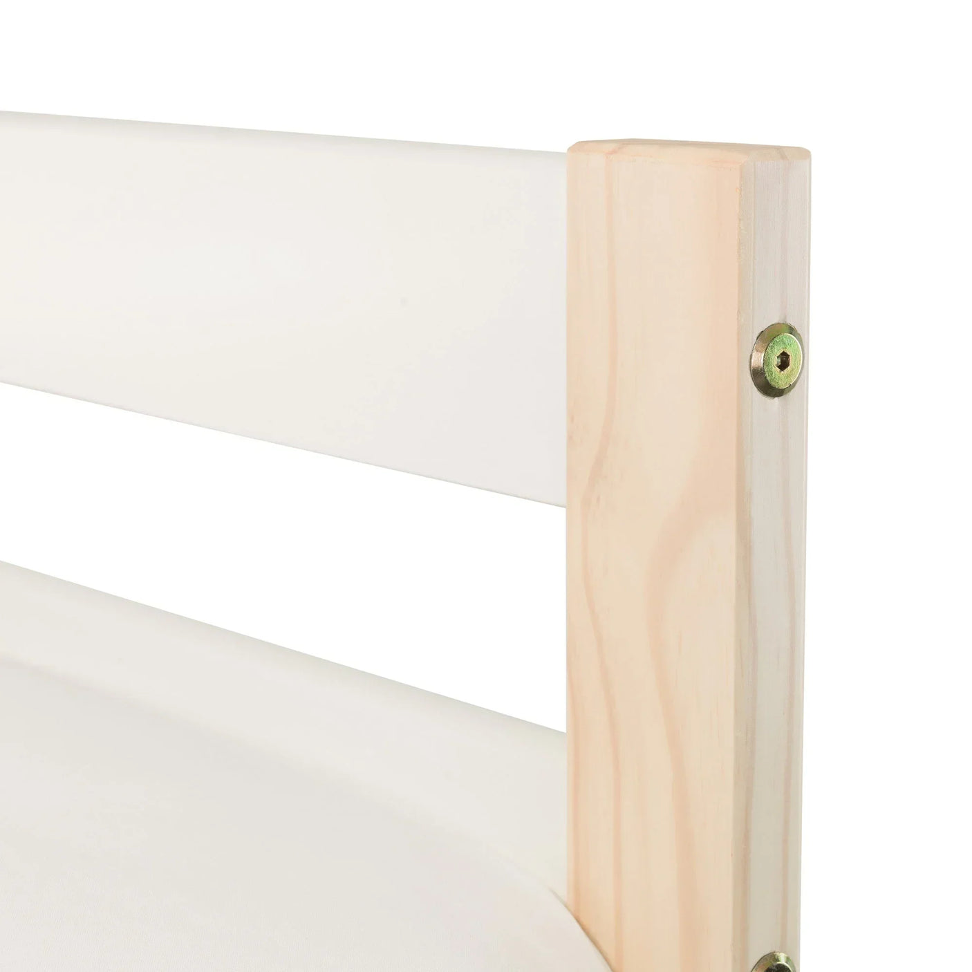 Close-up of wooden chair backrest with natural finish and white horizontal slats