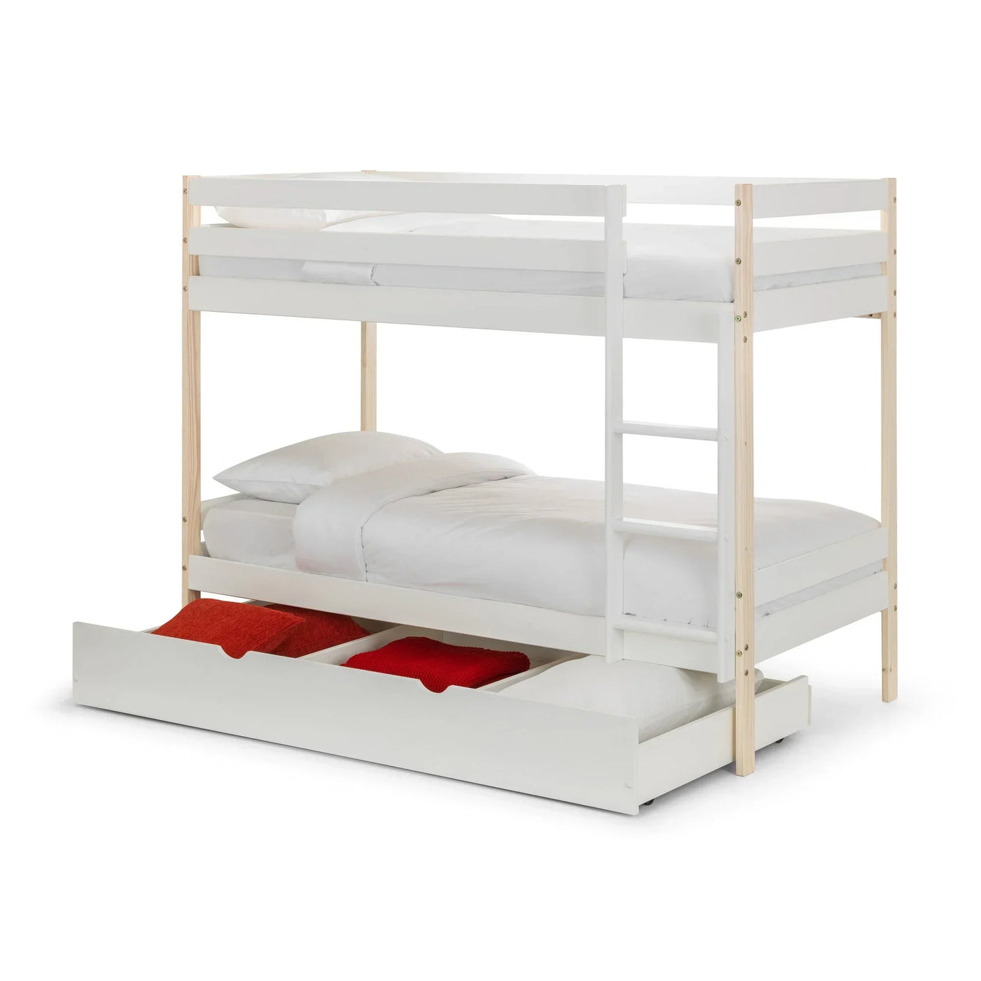 White wooden bunk bed with ladder and underbed storage drawer, dressed with white bedding