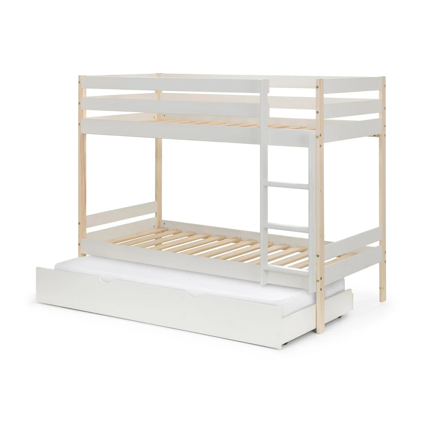 White wooden bunk bed with ladder and pull-out trundle bed underneath