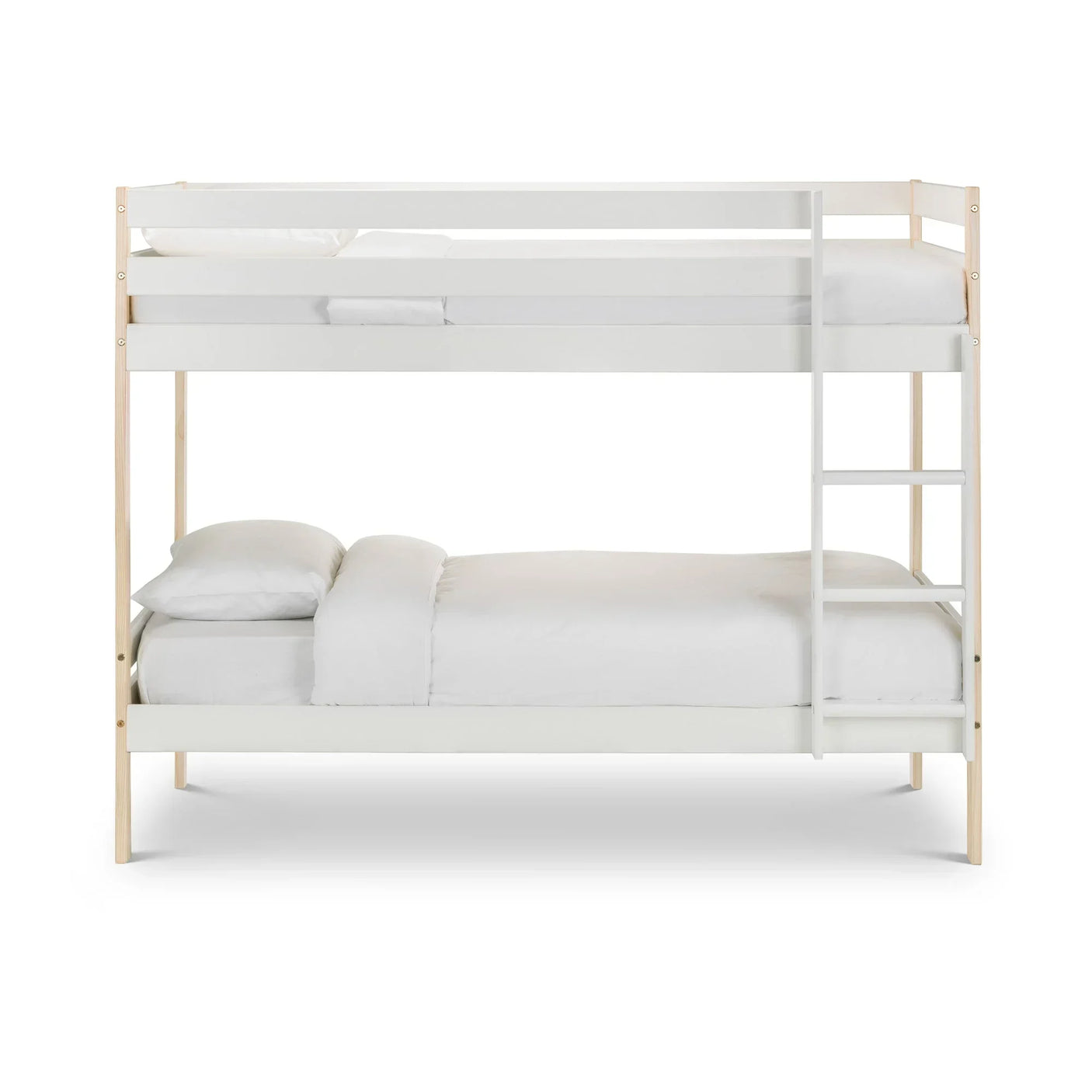 White wooden bunk bed with ladder and two single mattresses, front view