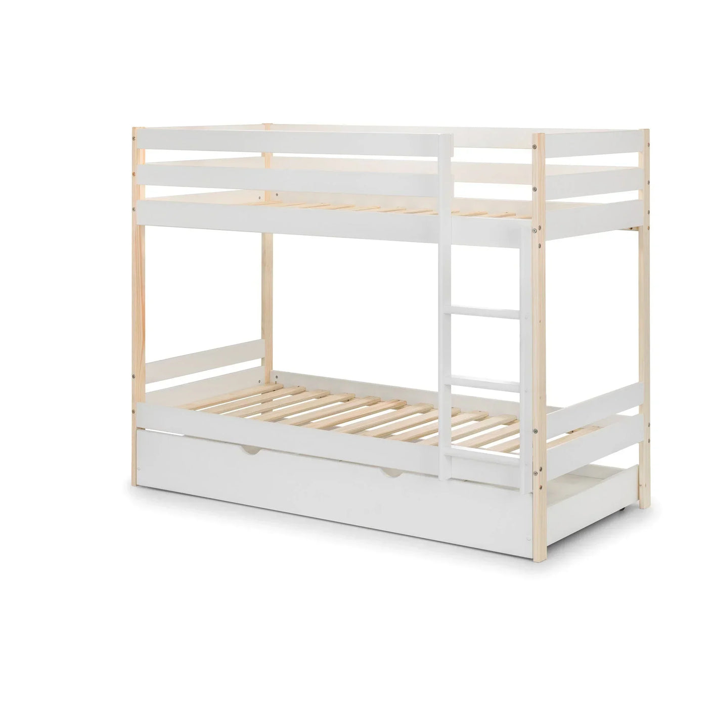 White wooden bunk bed with ladder and pull-out storage drawer on bottom