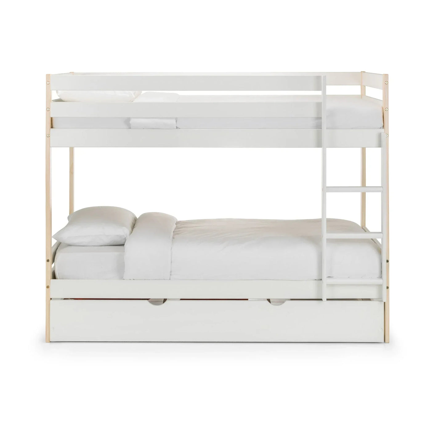 White wooden bunk bed with ladder and storage drawer, side view, plain background