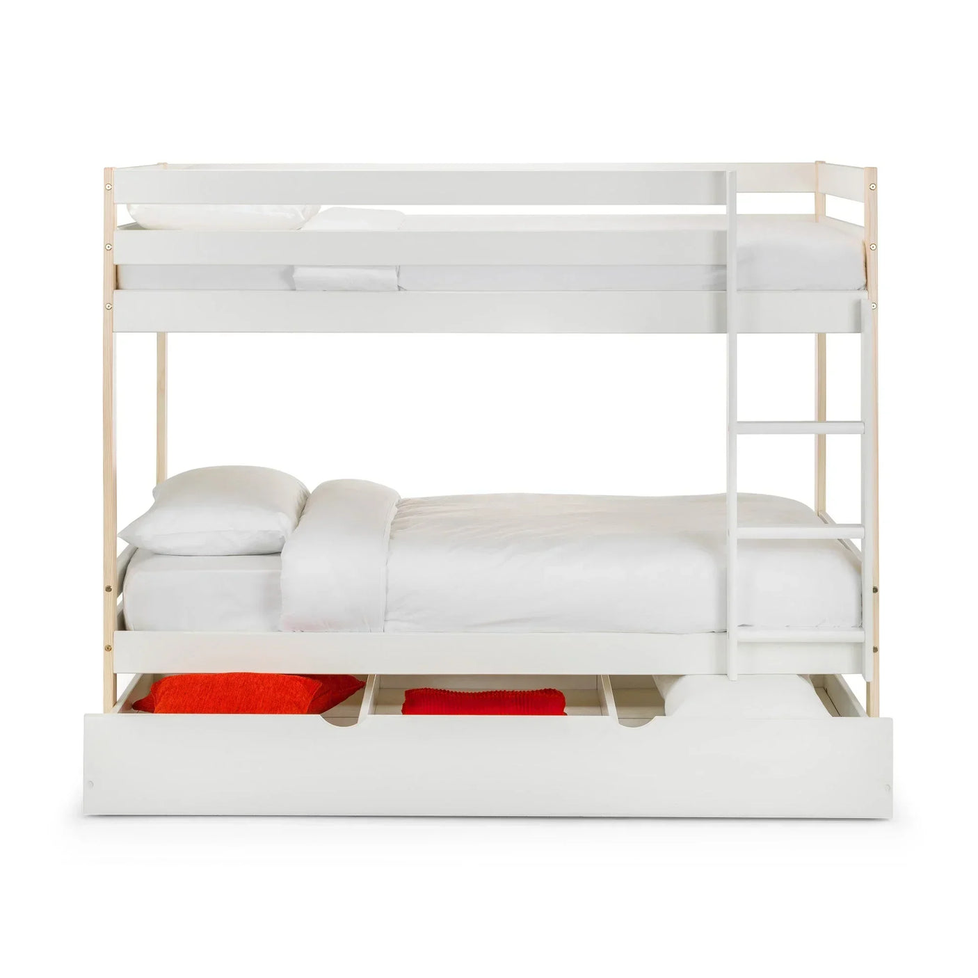 White wooden bunk bed with ladder and underbed storage drawer, bedding neatly arranged