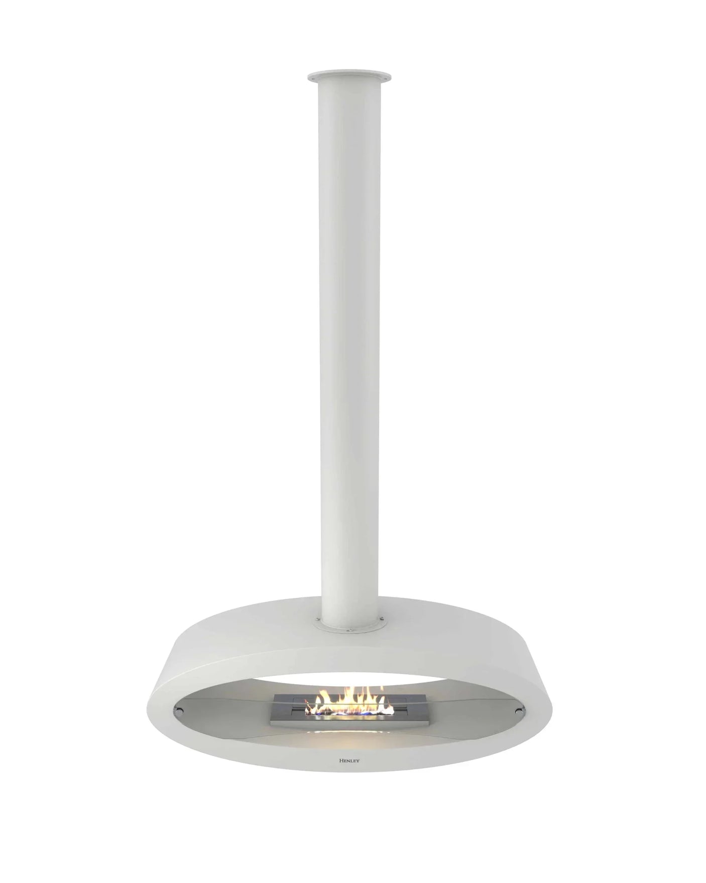White suspended bioethanol fireplace with visible flames and oval glass front panel