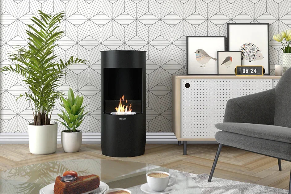 Black freestanding bioethanol fireplace in modern living room setting with plants and decor