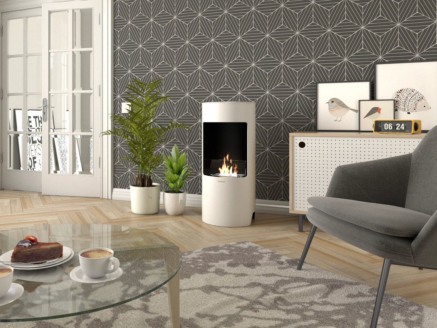Modern living room with round white bioethanol fireplace, grey armchair and patterned wallpaper